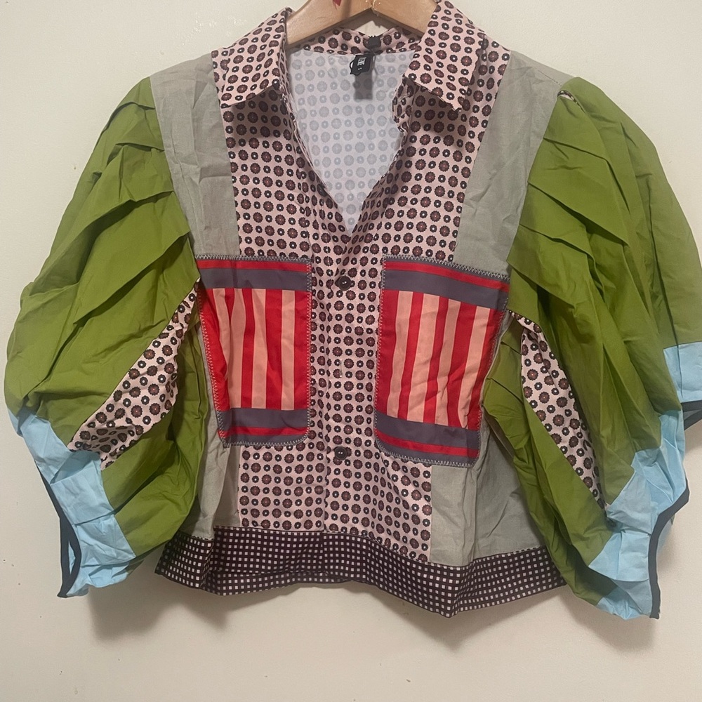 Patchwork Blouse with Green and Red Accents